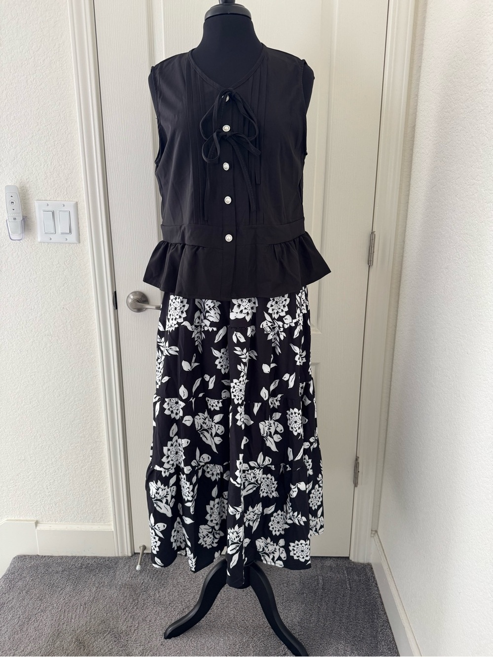 Two Piece Sleeveless Peplum Black Top and Floral Maxi Skirt in Black & White